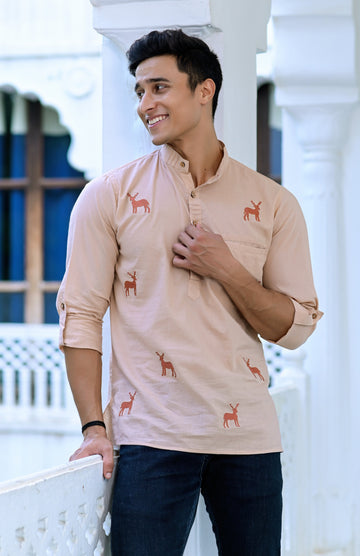 Peach Embroidered Cotton Kurta